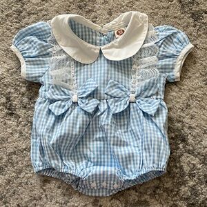 Vintage Blue Gingham Baby Girl Romper with White Collar